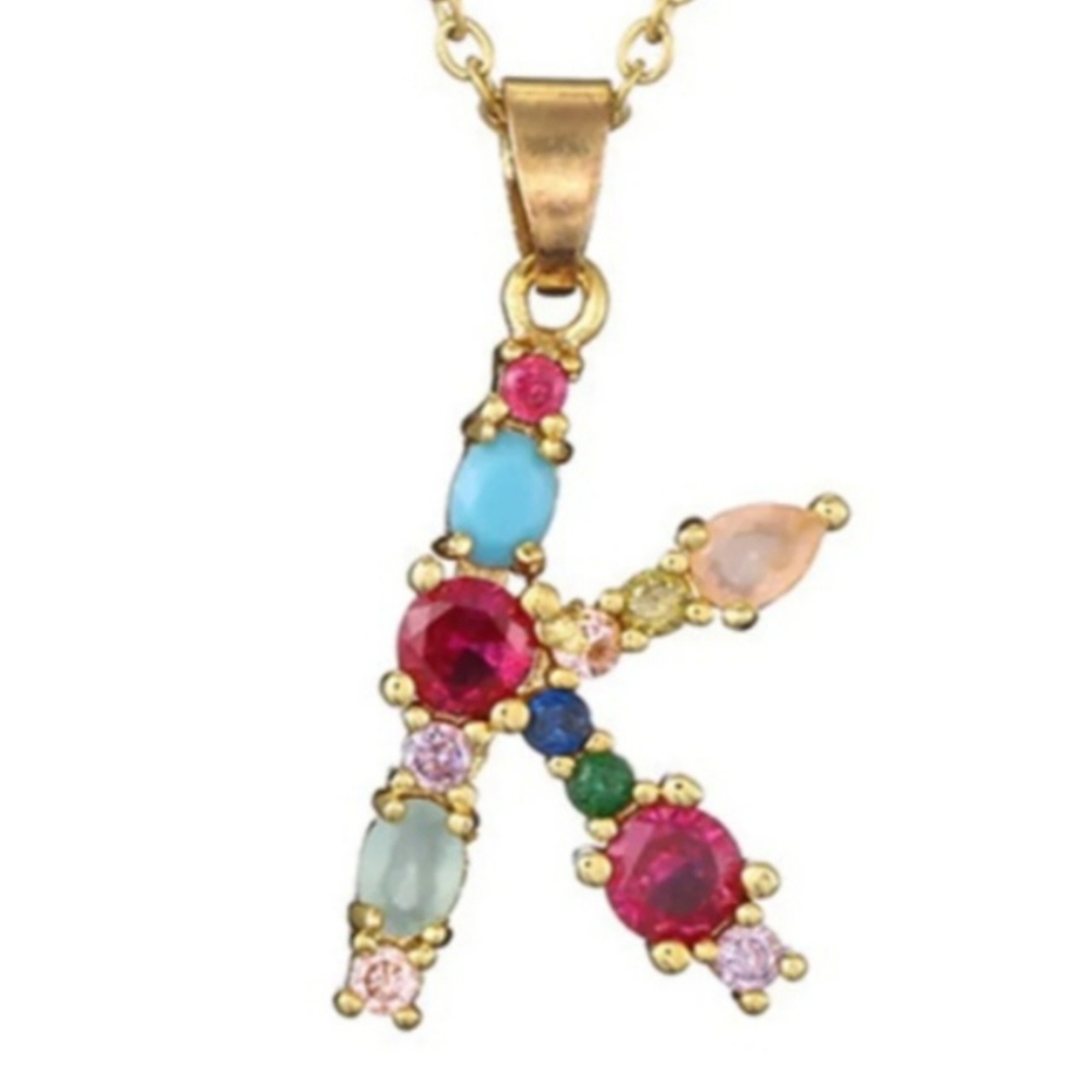 K Initial Pendant Necklace Multi-color Rhinestones Gold Tone Chain